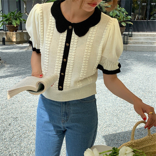Sweet Temperament Doll Collar Contrast Color Short Sleeve Knit Women's