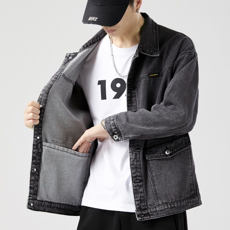 Denim Loose Spring And Autumn Trendy Workwear Jacket Top Denim Short Gown Men