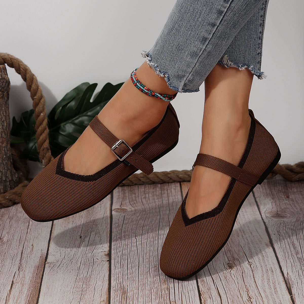 Flat Flying Woven Square Toe Low-cut Shoes