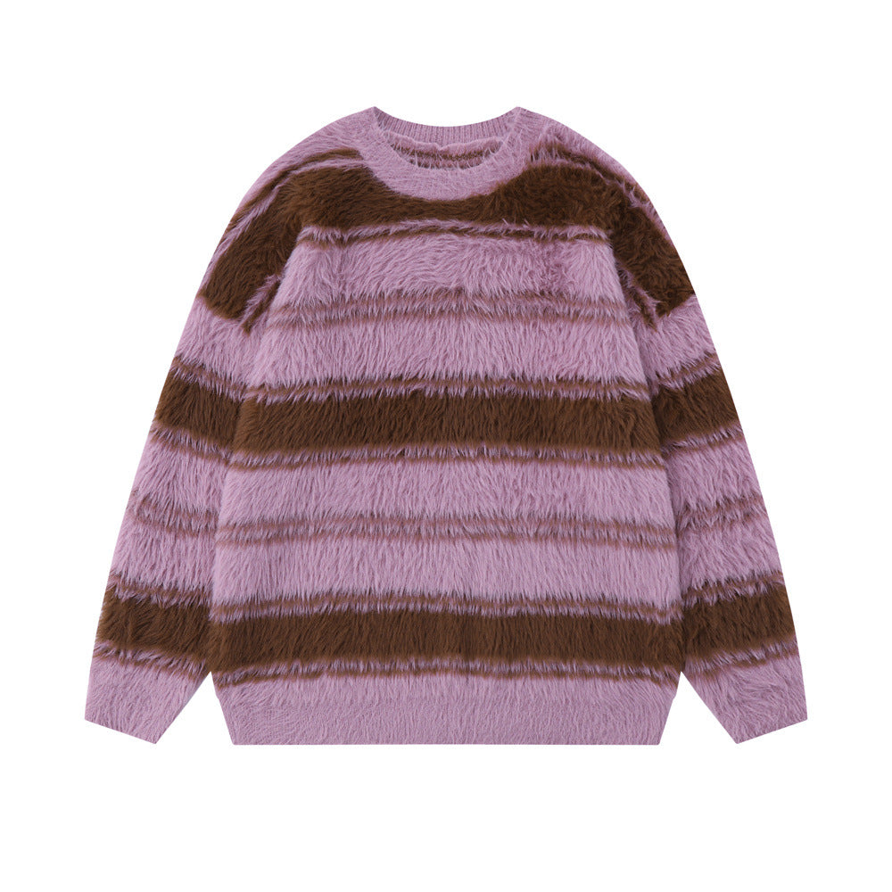 Striped With Fleece Lining Round Neck Sweater Men's American Style