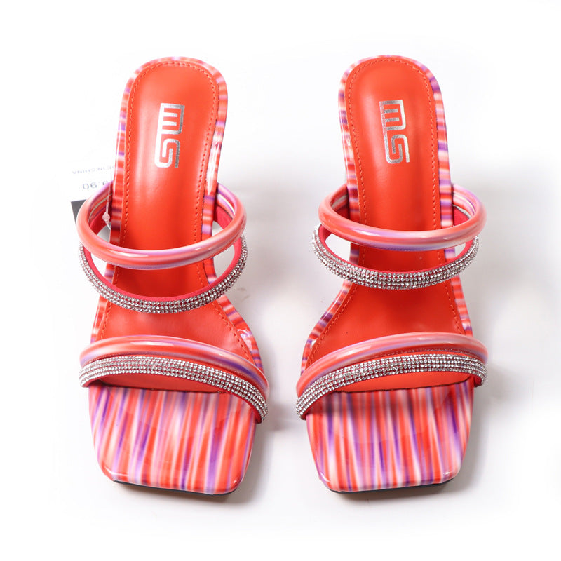 One Line Sandals And Slippers Crystal High Heeled Large Size Comfortable Sandals