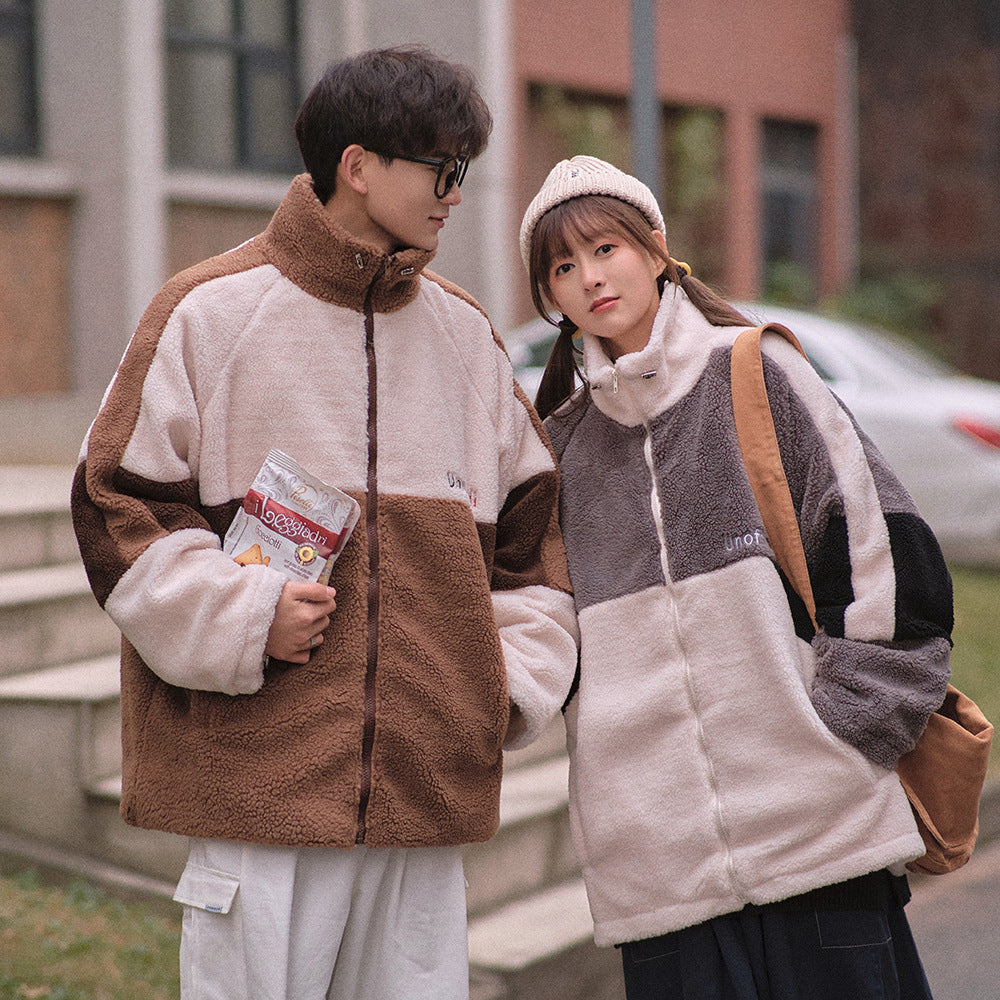 Lovers Lazy Style Color Matching Loose Lamb Down Thick Cotton Jacket