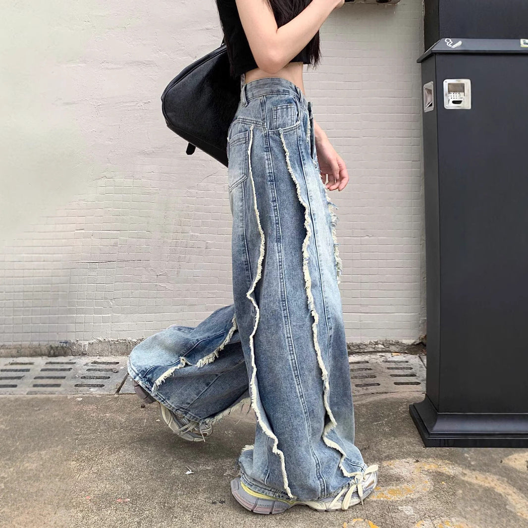 Retro High Waist Slimming Raw Edges Design Stitching Jeans