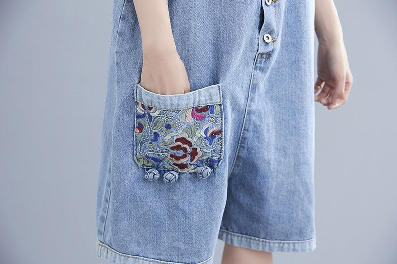Fat Mm Artistic Style Embroidered Denim Suspenders