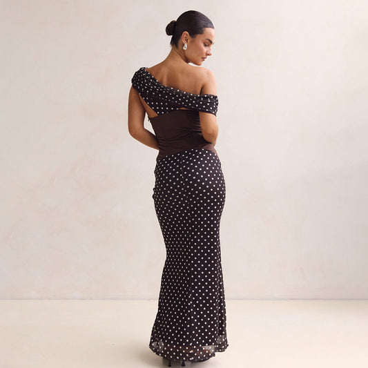 European And American Style Personalized Design Slant-neck Off-shoulder Polka Dot Dress