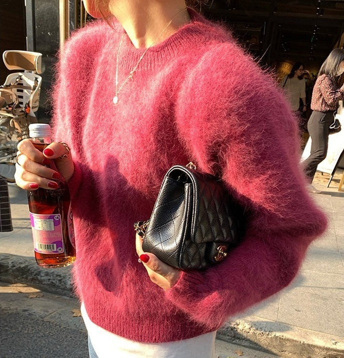 Fashion Retro Loose And Warm Solid Color Pullover Sweater Women