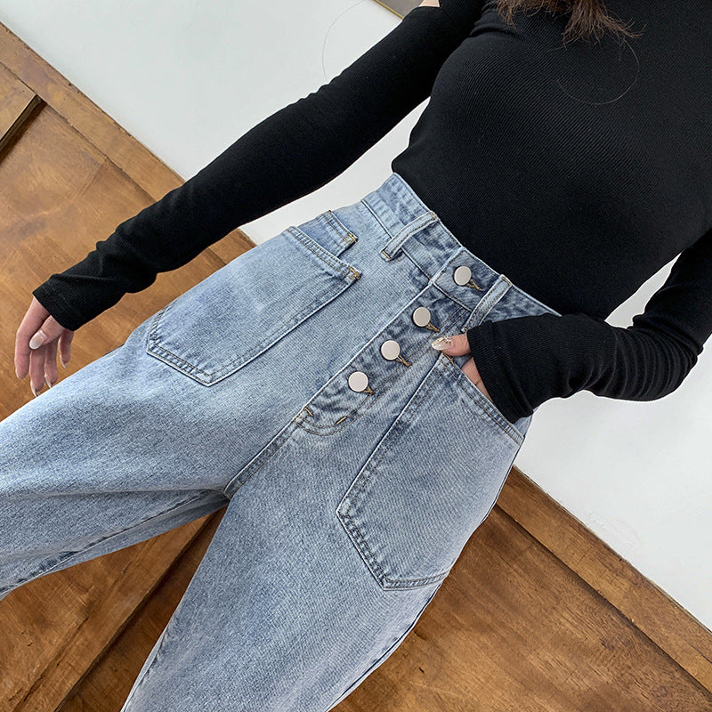 Damejeans med høj talje, lige ben og løs pasform