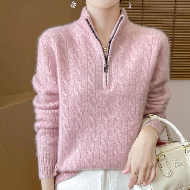Uldtrøje til kvinder med halv lynlås og opretstående krave