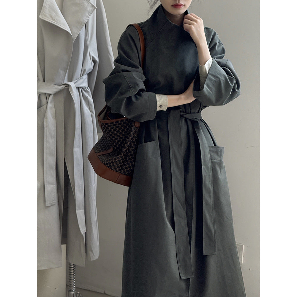 Retro Revers Enkelt Knap Mellemlang Trenchcoat Dame Bæltefrakke