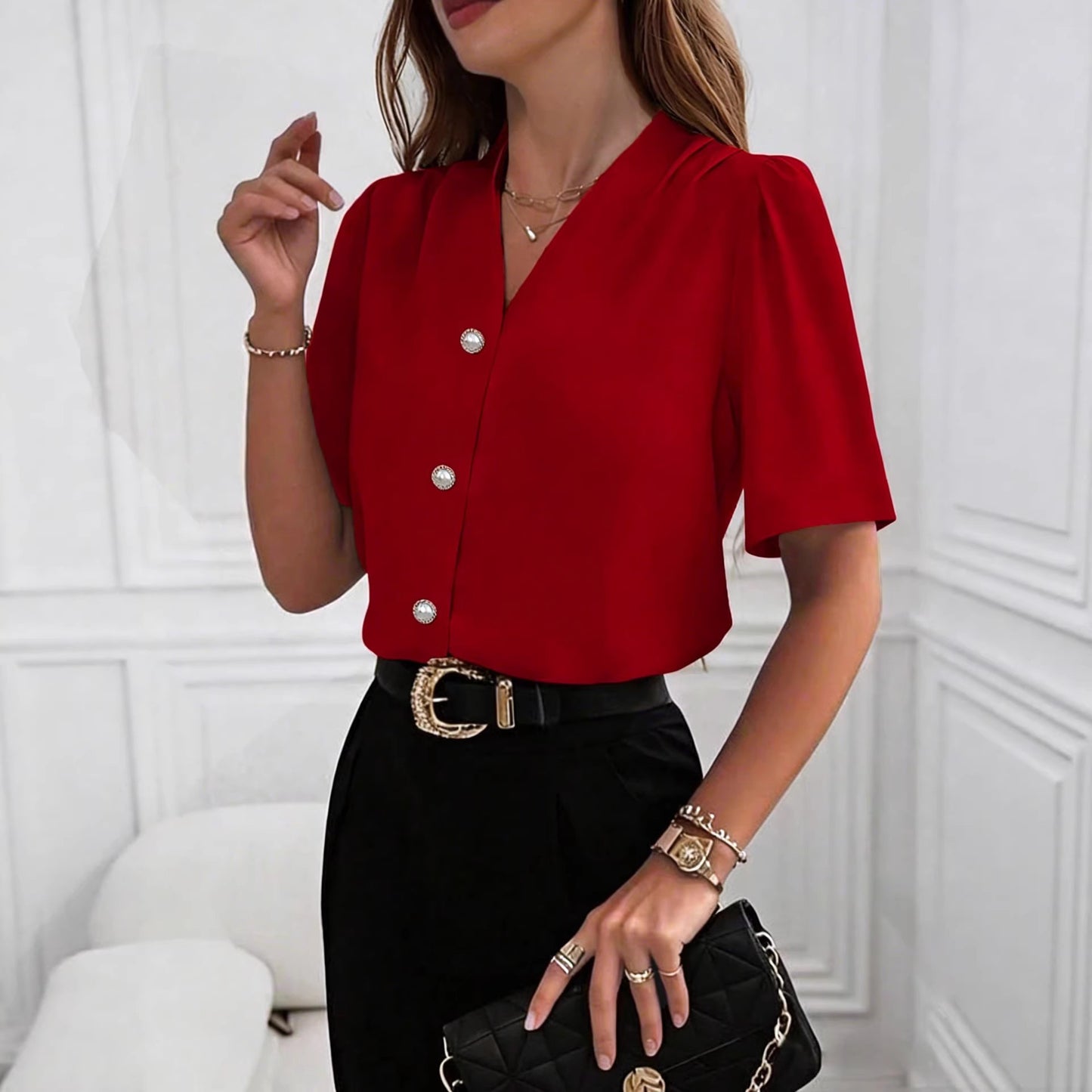 Fashionable V-neck Button-Down Casual Business Short-Sleeve Shirt