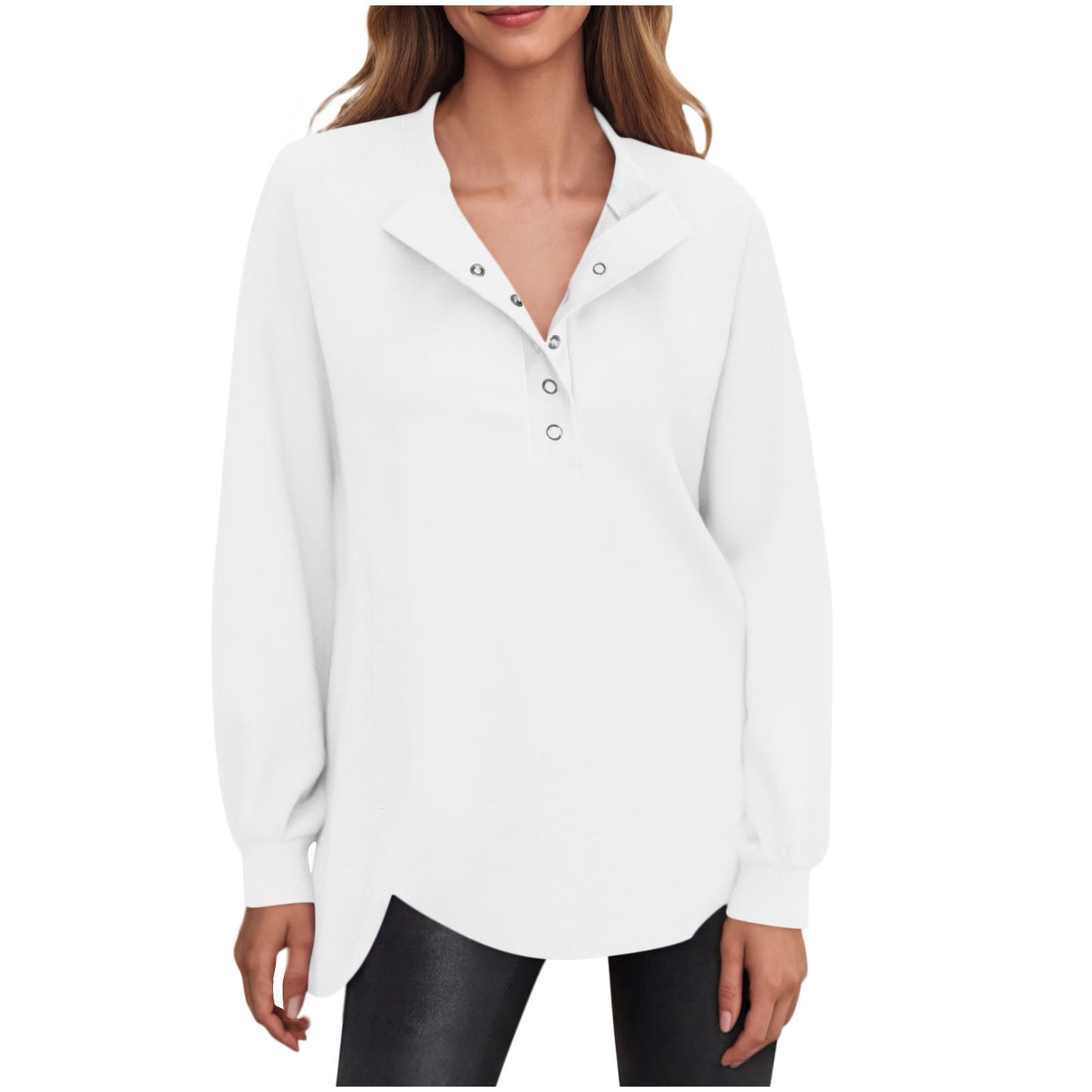 Dame Casual Ensfarvet Rund Hals Bluse med Knapper og Lange Ærmer