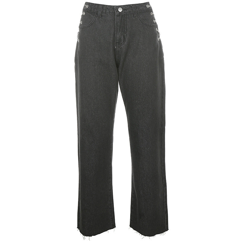 Irregular split hole high waist jeans
