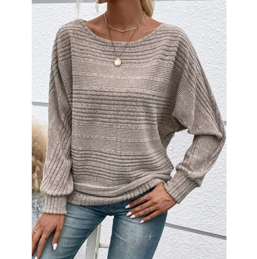 Ensfarvet Stribet Batwing-ærmer T-shirt Mode Casual Pullover Rund Hals Langærmet Top Forår Og Efterår Dametøj