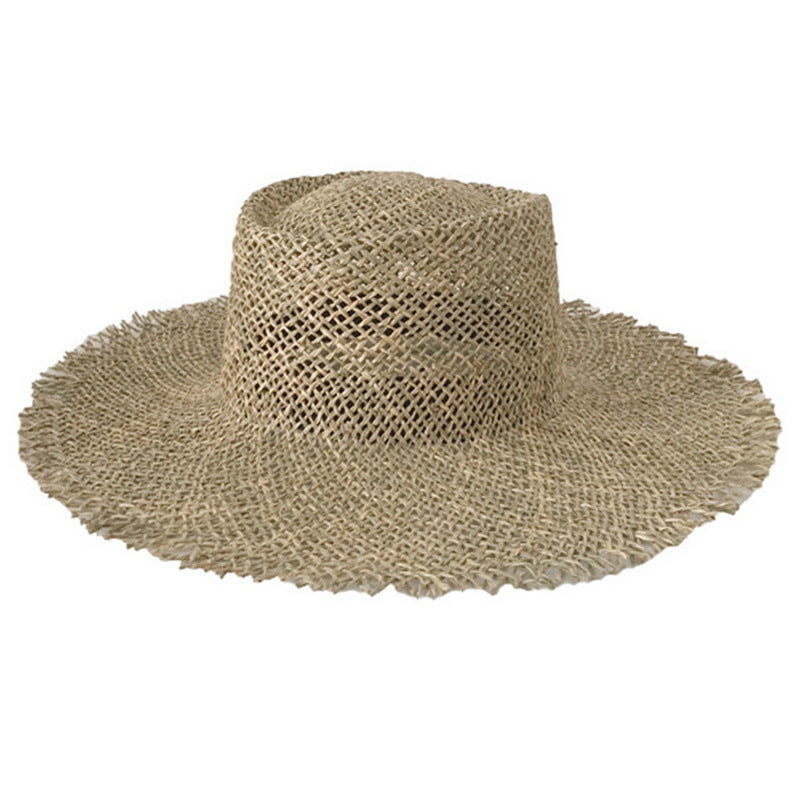 Women's Raffia Style Straw Hat With Raw Edge And Concave Top