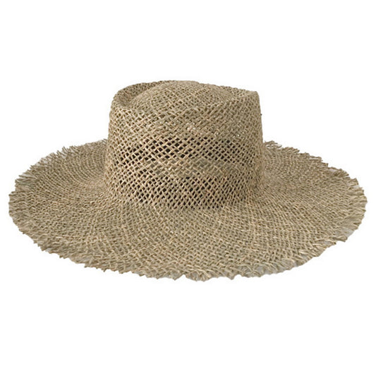 Women's Raffia Style Straw Hat With Raw Edge And Concave Top