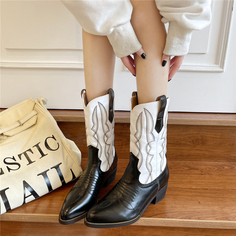 Pointed Toe Thick Heel Mid-tube Colorblock Martin Boots