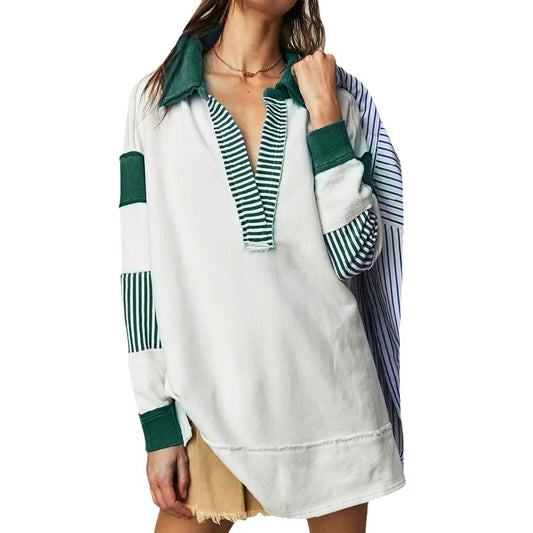 Løs V-hals Casual Langærmet Pullover Striktrøje med Slids og Patchwork
