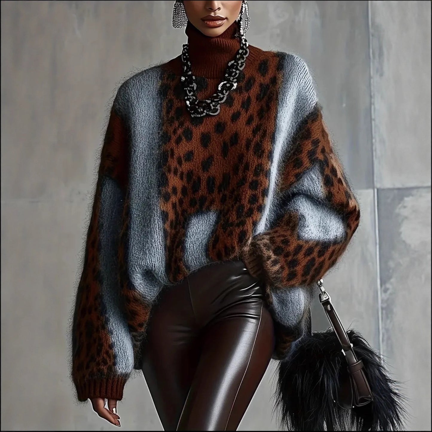 Leopard Print Loose Fit Vintage Patchwork Knit Sweater