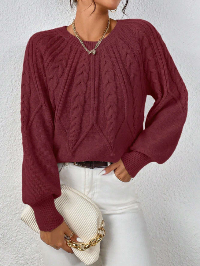 Round Neck Knitted Sweater Female Twist Thread Solid Color Versatile Casual Top