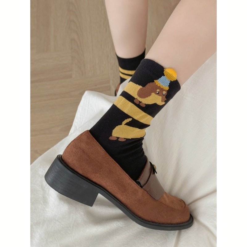 Autumn And Winter Puppy Embroidery Tube Socks Flanging Cartoon Sausage Dog Vertical Bar Bunching Socks
