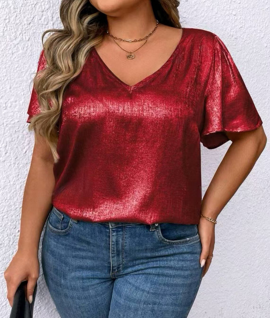 Loose-fit V-neck Solid-color Short-sleeve Top