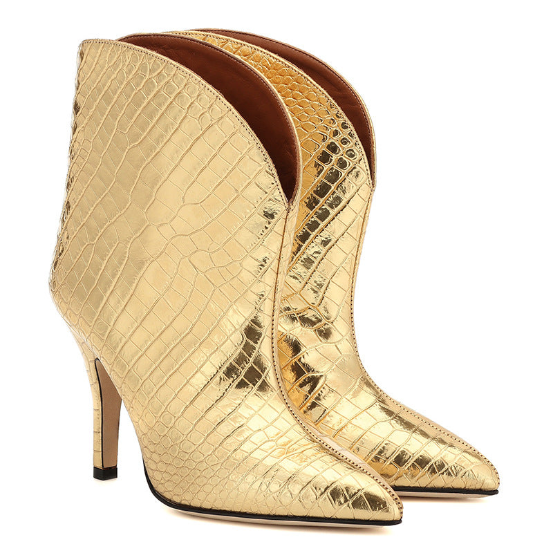 Women's Stiletto Heels With Stone-patterned Patent Leather Ankle Boots