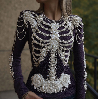 Womens 3D Digital-print Crew-neck Loose Sweater