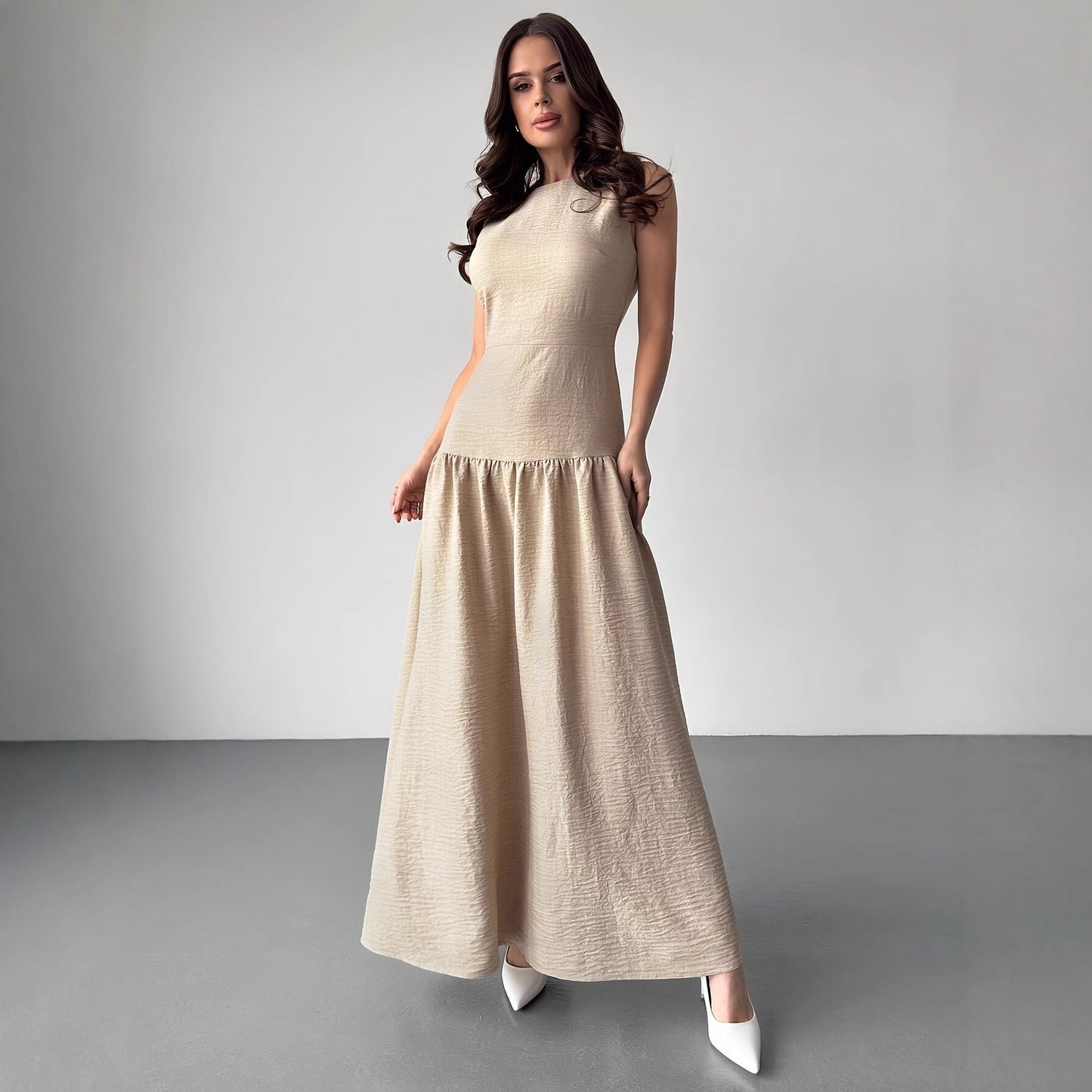 Elegant Ærmeløs Maxikjole til Kvinder i Vintage Linned