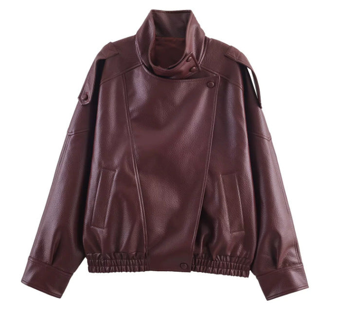 Womens Stylish Stand-up Collar Faux Leather Jacket