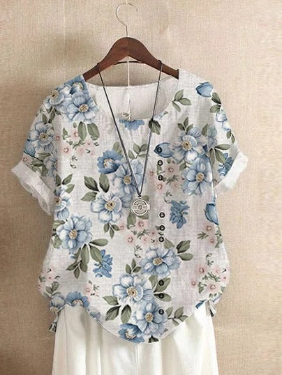 Retro Cotton And Linen Printed Loose Casual Shirt Short-sleeved T-shirt For Women