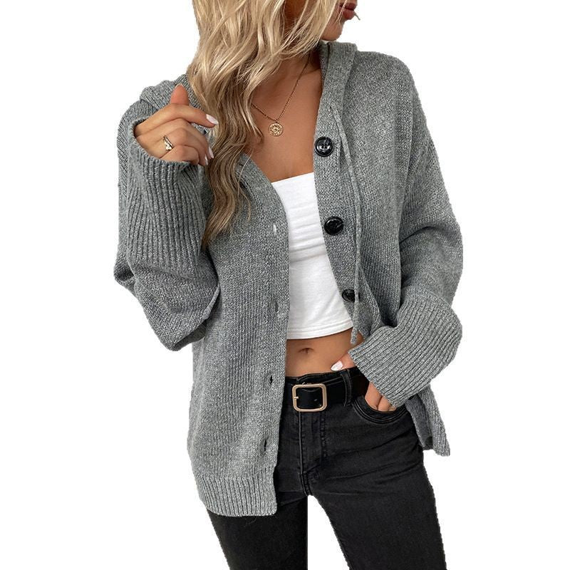 Women's Solid-Color Knitted Sweater With Front Buttons Hood And Drawstring