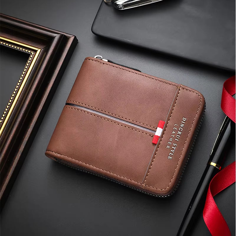 2025 New Cross-Border Men'S Wallet Short Horizontal Zipper Leather Wallet Zero Wallet Retro Leisure Buckle Square Bag