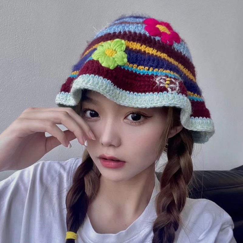 Design Retro Hand-woven Color-block Flower Bucket Hat