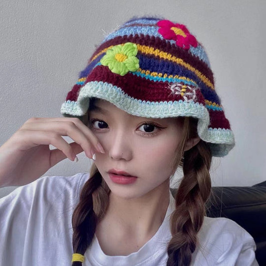 Design Retro Hand-woven Color-block Flower Bucket Hat