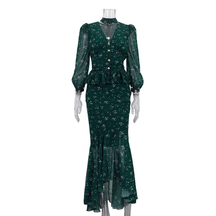 Floral-print Collar V-neck Long-sleeve Ruffle-trim Top Two-piece Set