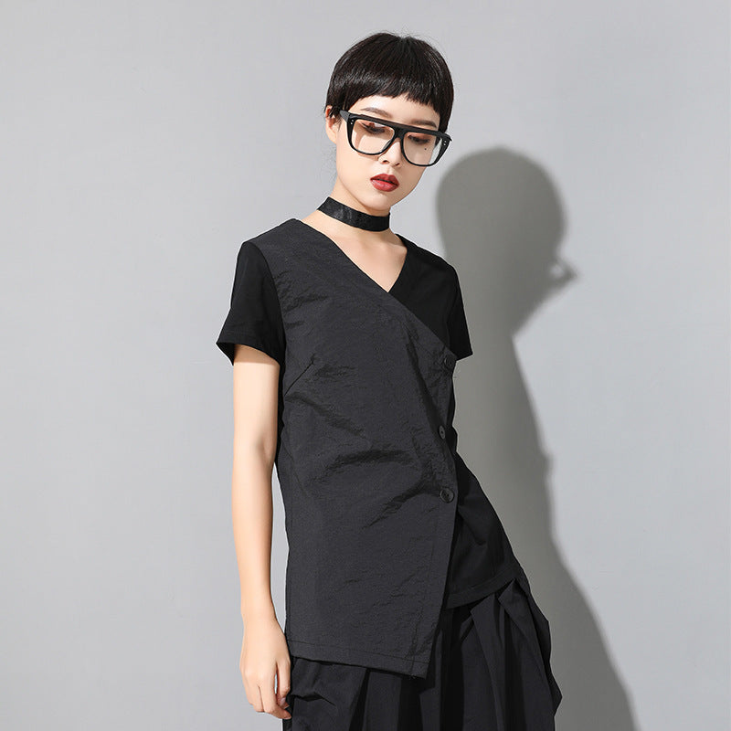 Summer New Women's Short Sleeve Slim Fit V-neck Stitching Personality Wrong Top