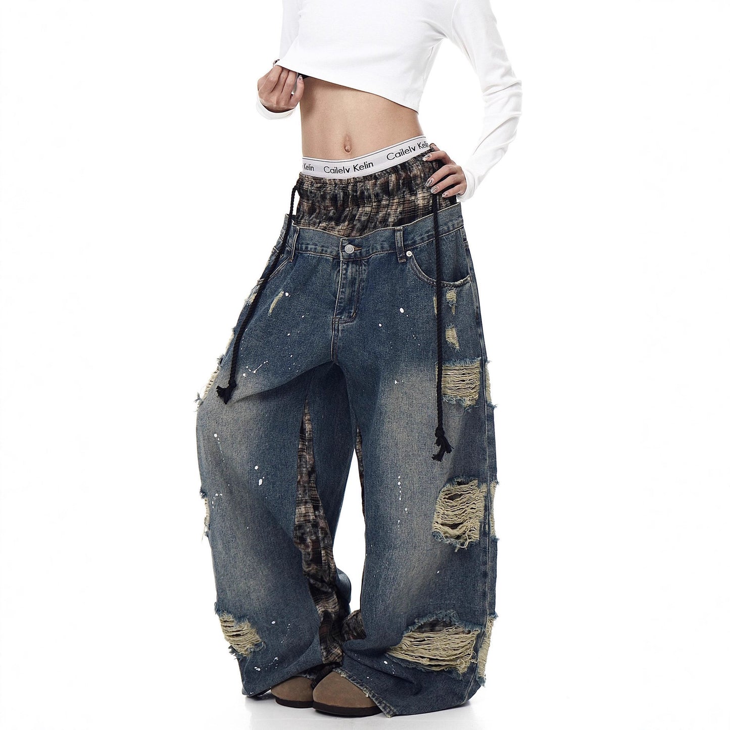 Womens Retro Ripped Wide-Leg Denim Jeans