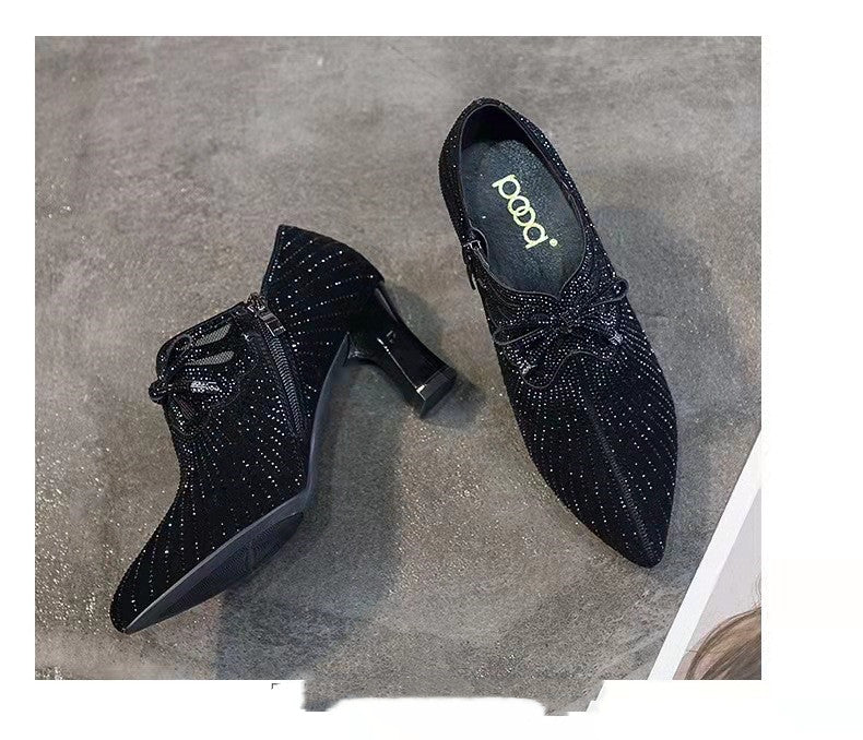Bow-knot Pointed-toe Rhinestone High-heel British Leather Shoes