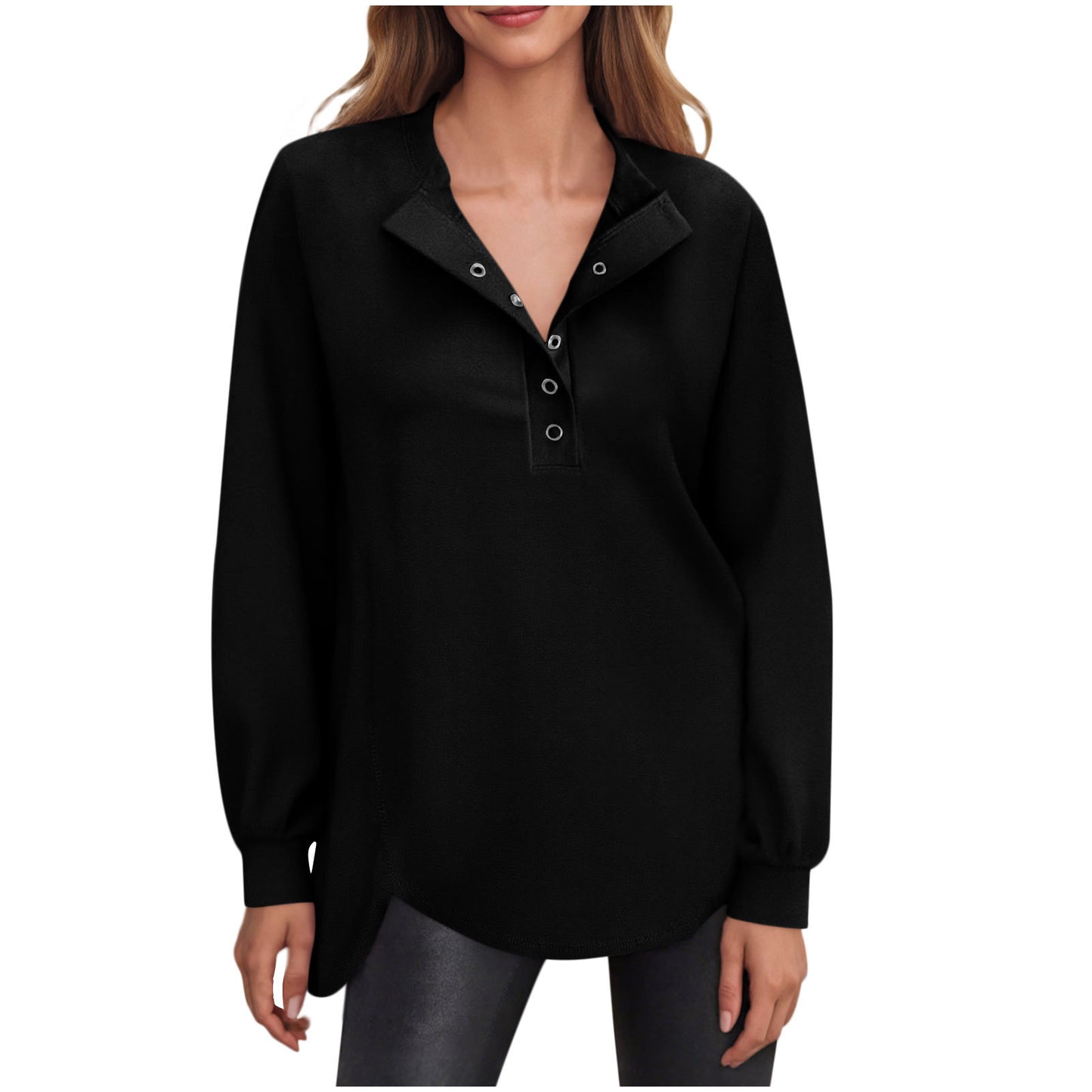 Dame Casual Ensfarvet Rund Hals Bluse med Knapper og Lange Ærmer