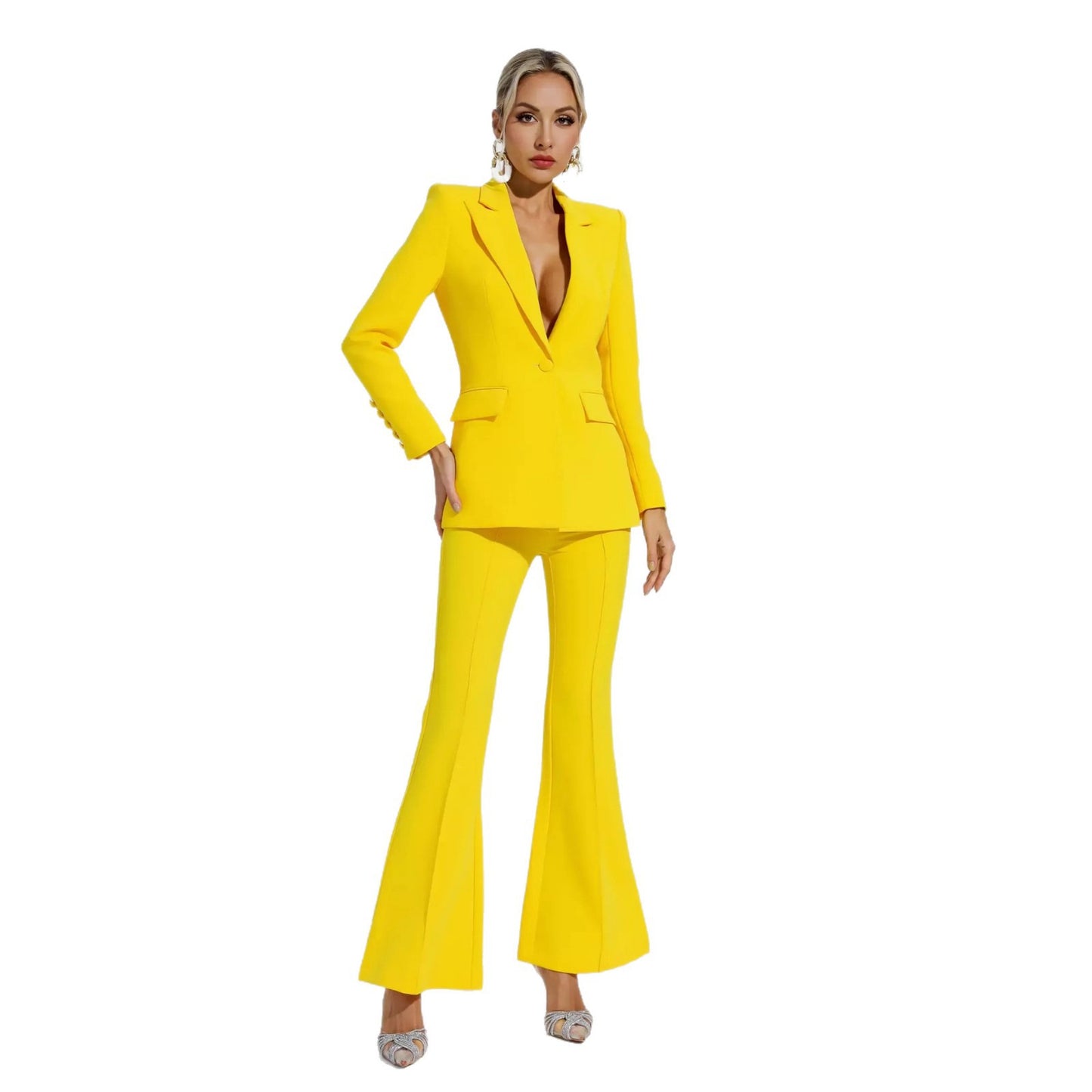 Solid-Color Casual Slim-Fit Flare Long-Sleeve Pantsuit