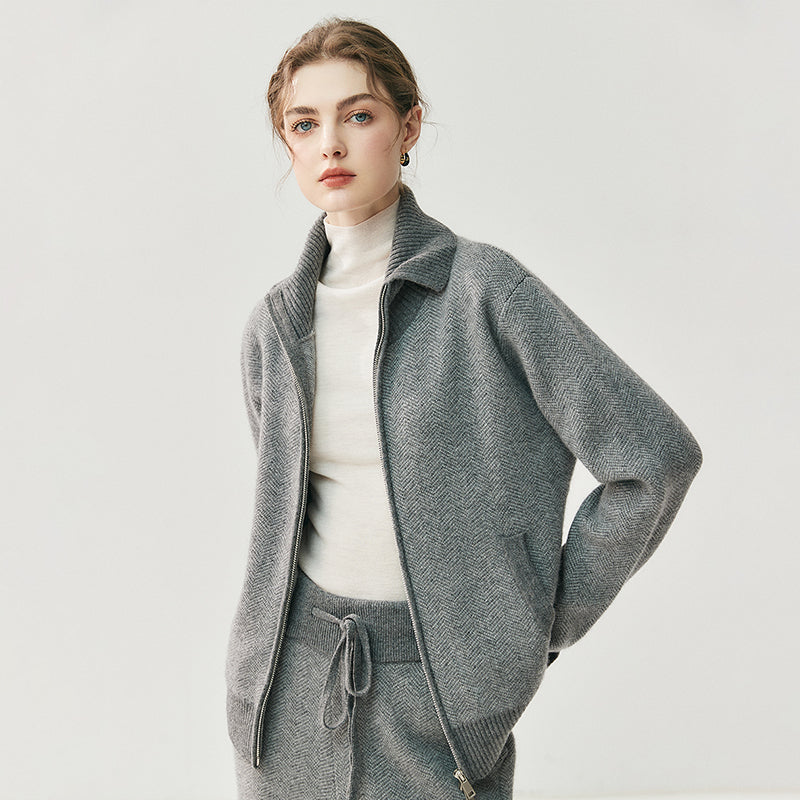 Elegant Zippered Cashmere Cardigan Knit Set