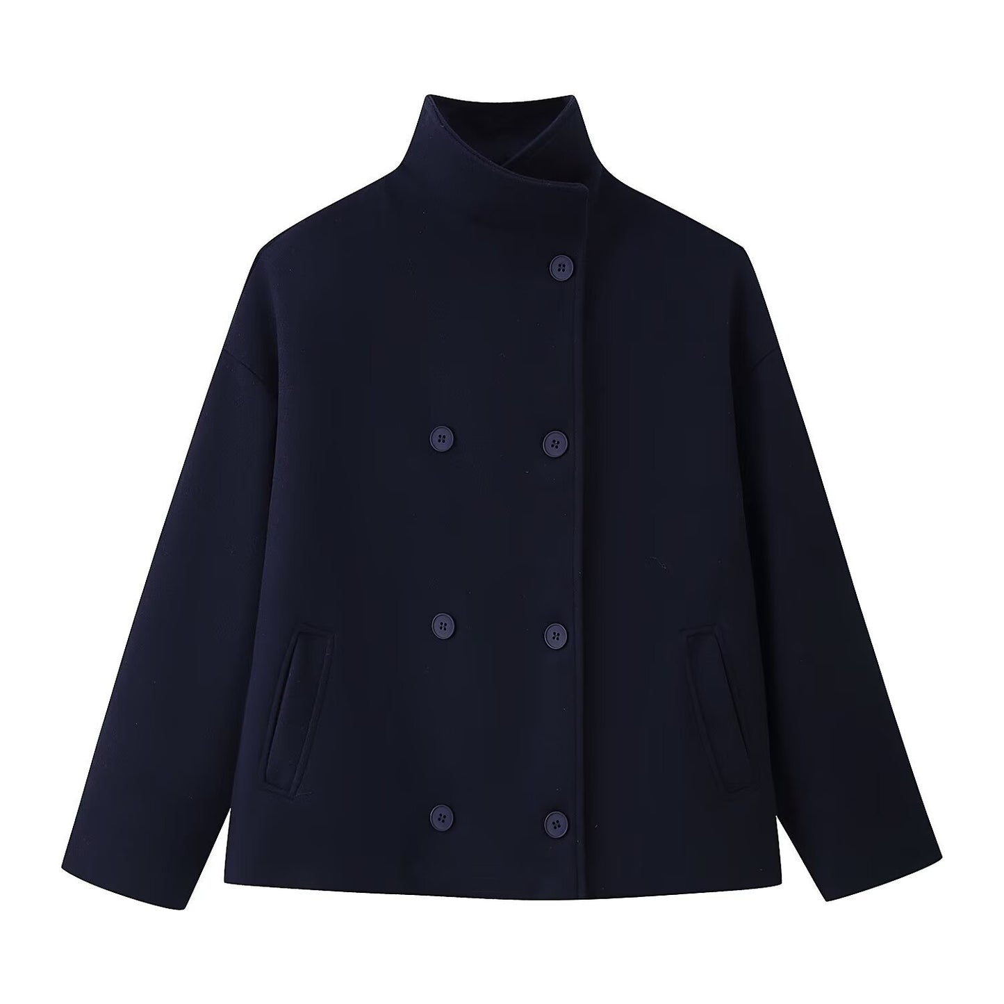 Womens Autumn Fashion Design Short Wool Coat With A Stand Collar And Double-Breasted Buttons