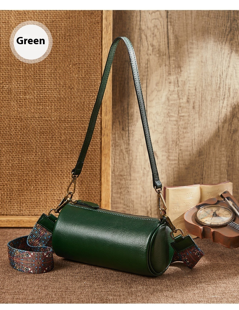 Top Layer Cowhide Leather Single-shoulder Bag Wide Shoulder Strap Round Bag
