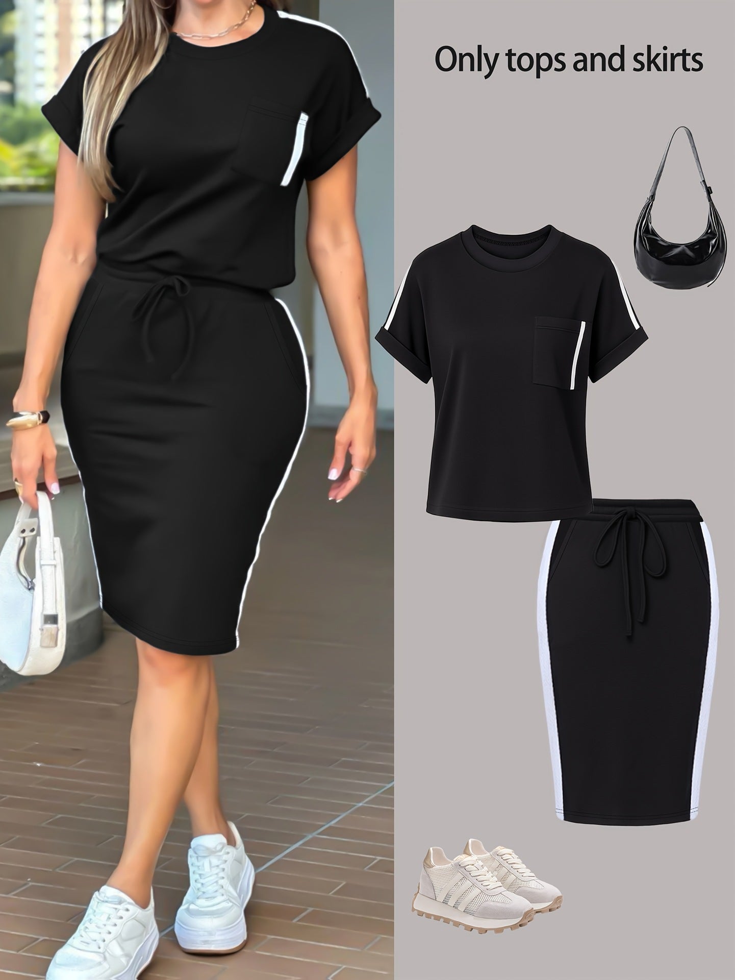 Womens Stylish Minimalist Off-shoulder T-shirt Paired With A Casual Form-fitting Skirt Set