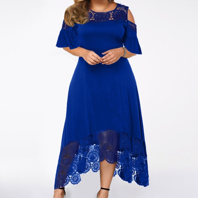 Solid-color Lace High-waist Crew-neck Wrap Dress