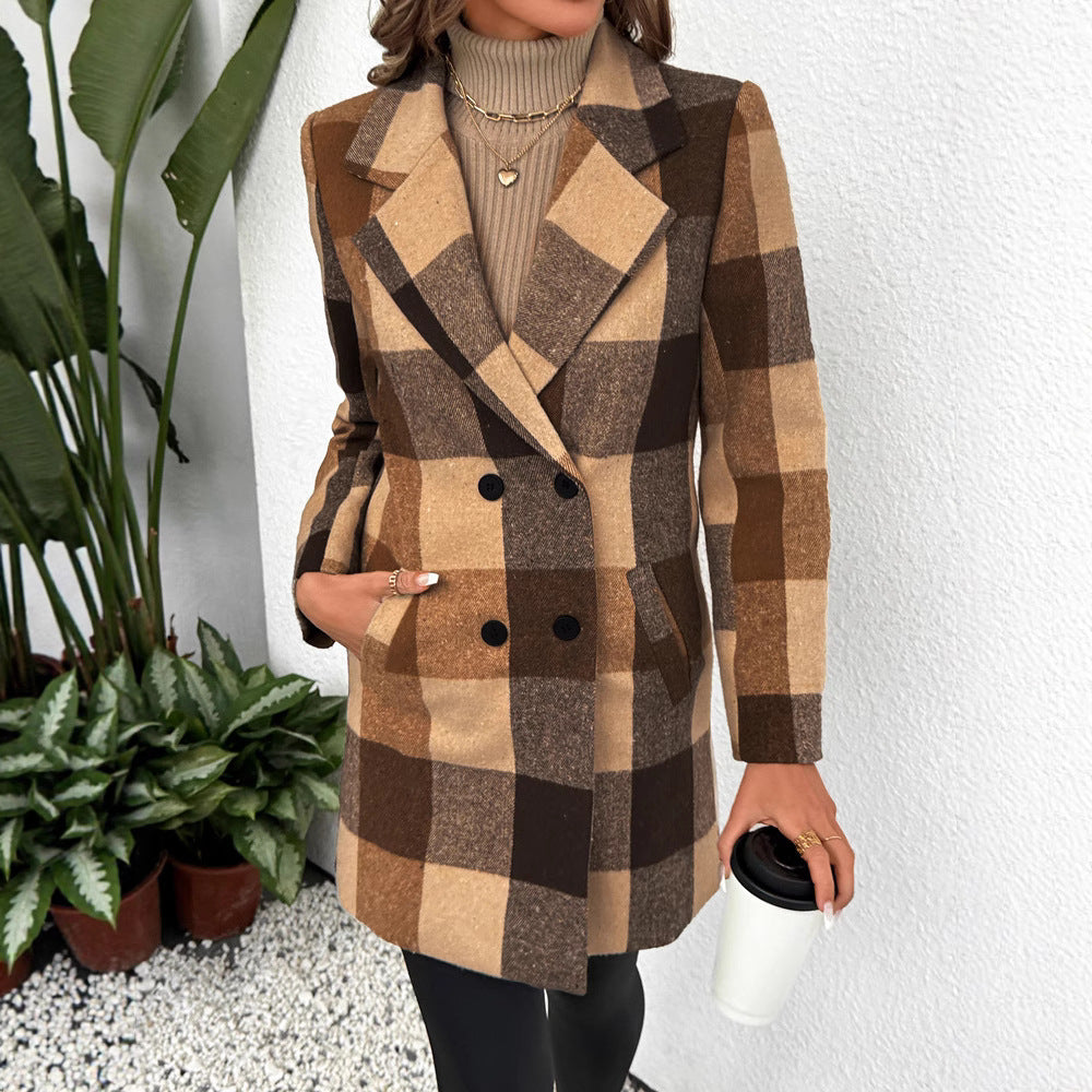 Casual And Versatile Button Women's Plaid Wool Coat