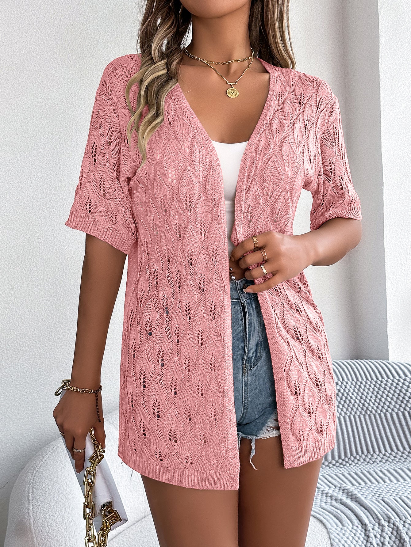 Women S Leaf Hollow Out Short Sleeve Knit Cardigan Vacation Cover-Up