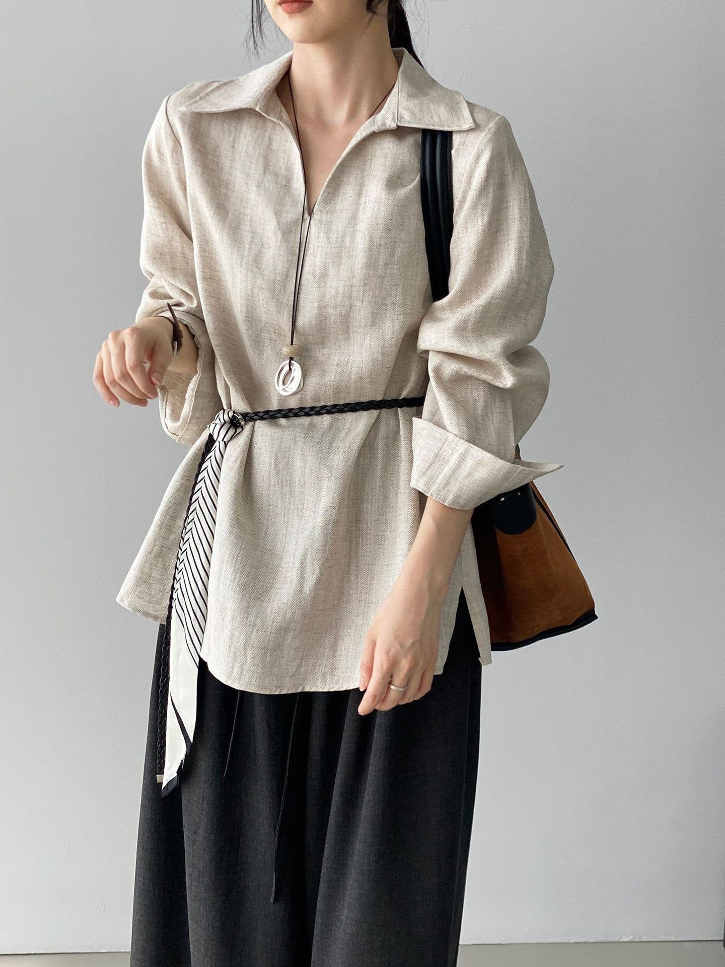 Women's Casual Shirt And Elastic-Waist Wide-Leg Pants Two-Piece Set