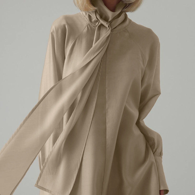 Stand-up Collar Tie-up Long Sleeve Side Slit Dress