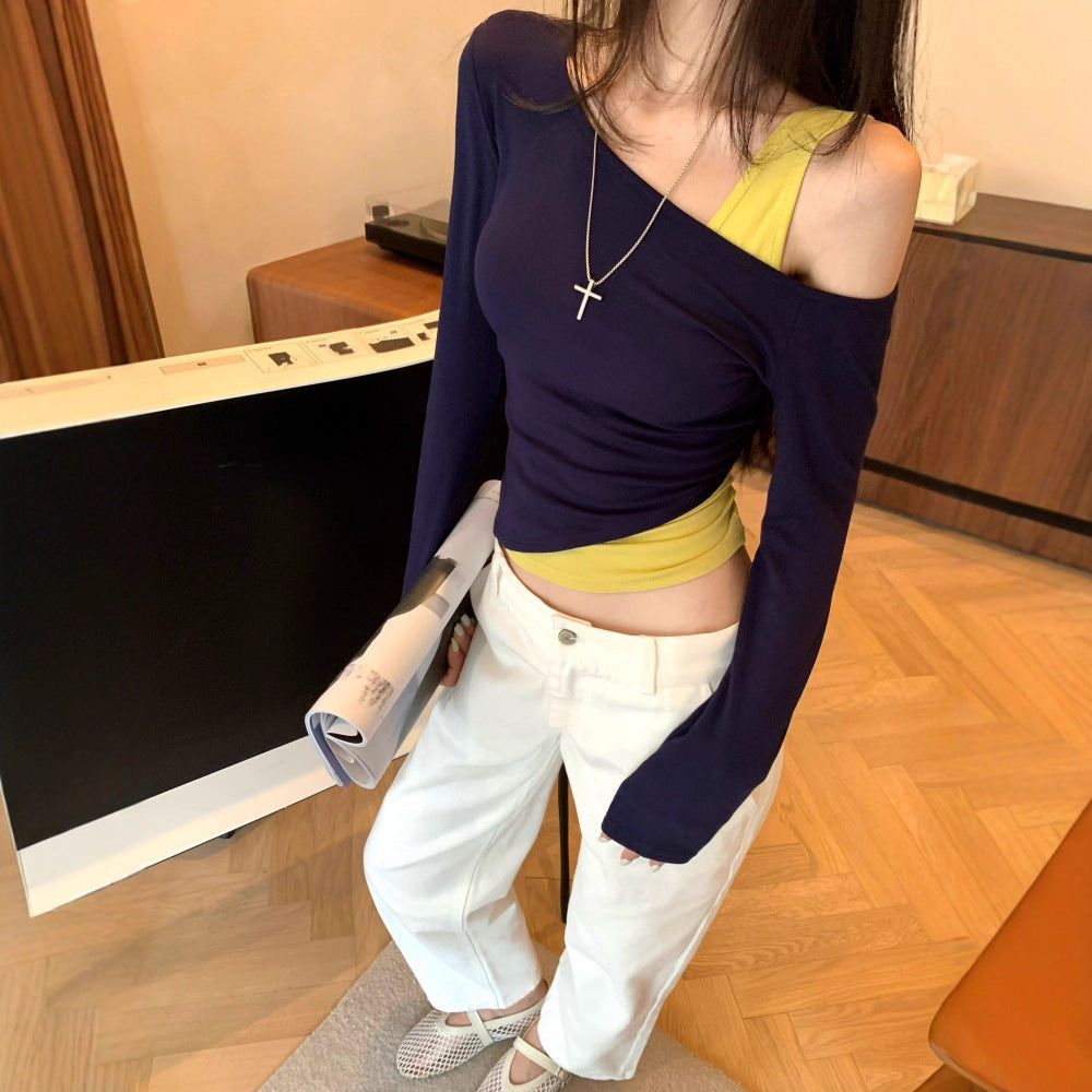 Women's Autumn Design Versatile Slimming Fake Two-Piece Short Top